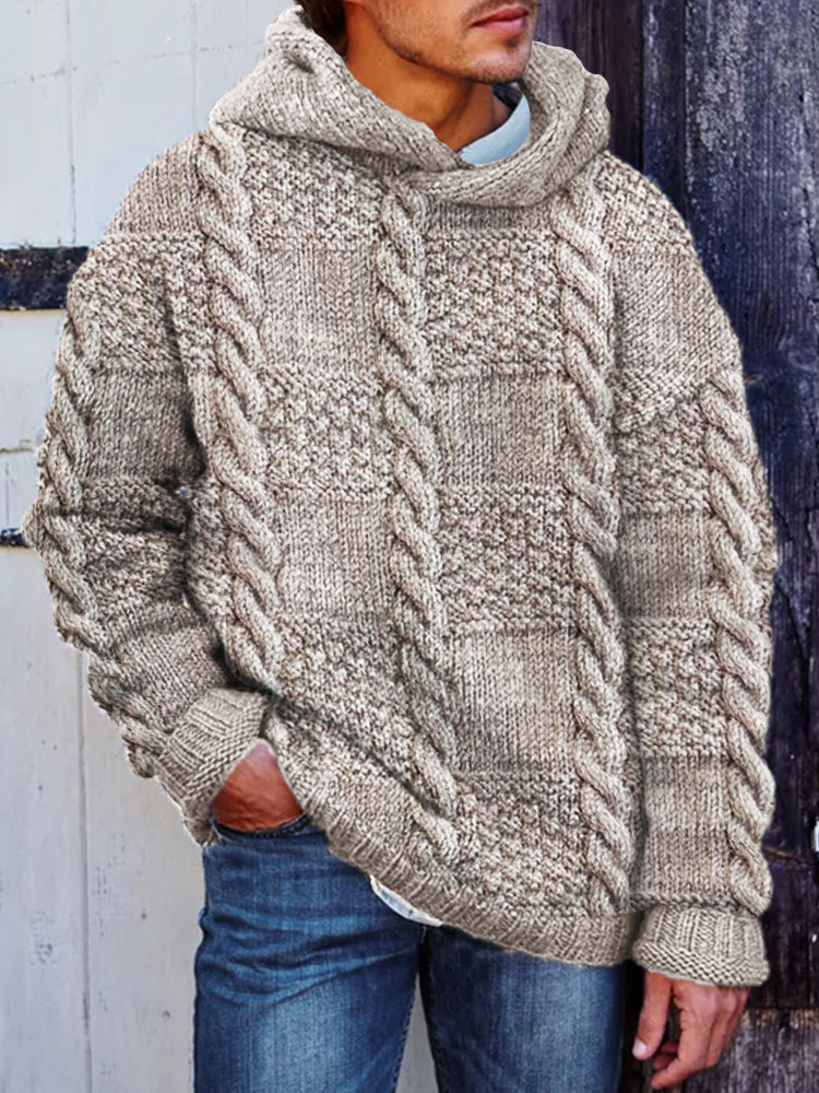 Men's Retro Check Cable Knit Chunky Hooded Sweater elevenforest