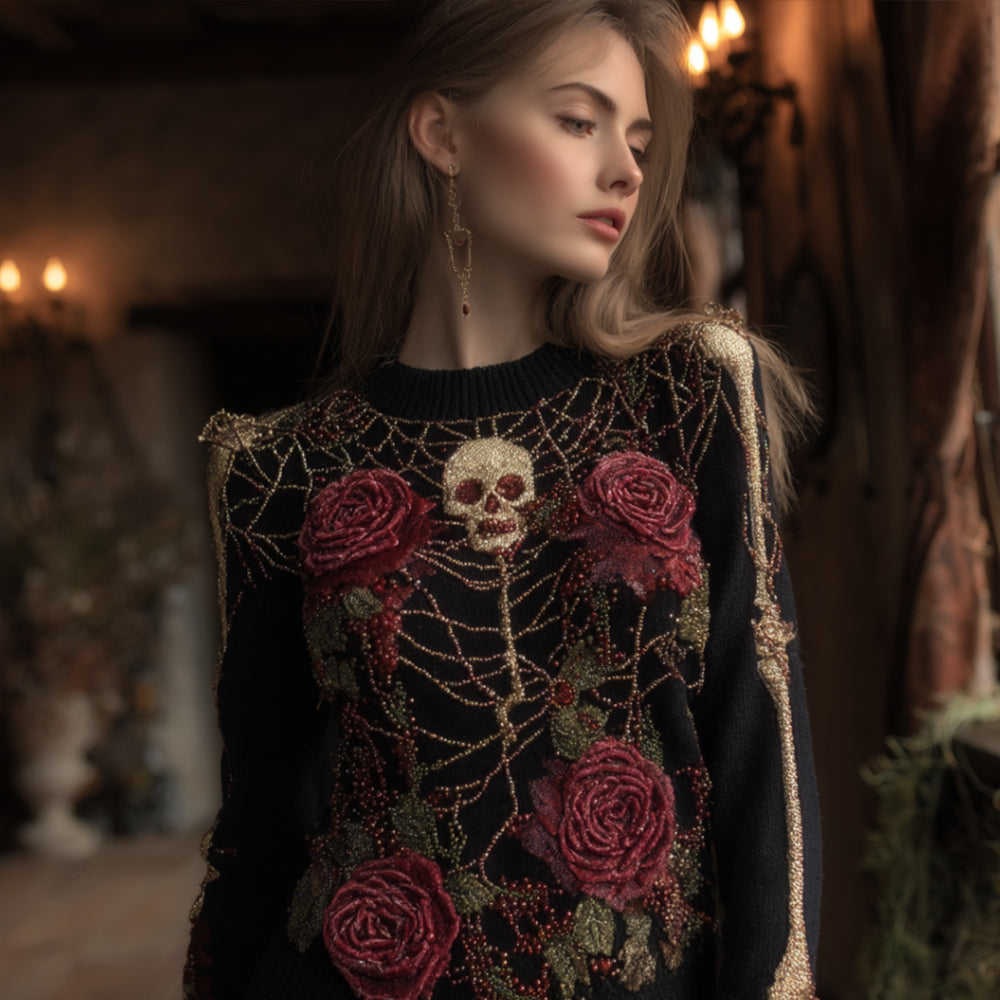 Women's Halloween Red Rose And Spider Web Retro Round Neck Sweater artswardrobe