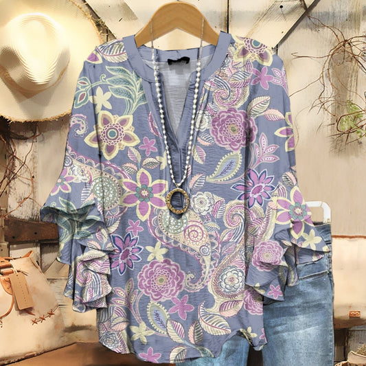 Women's Ethnic Paisley Floral Art Print Casual Ruffle Sleeve Top