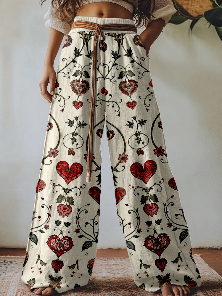 Vintage Floral Heart Pattern Linen Blend Casual Pants artswardrobe