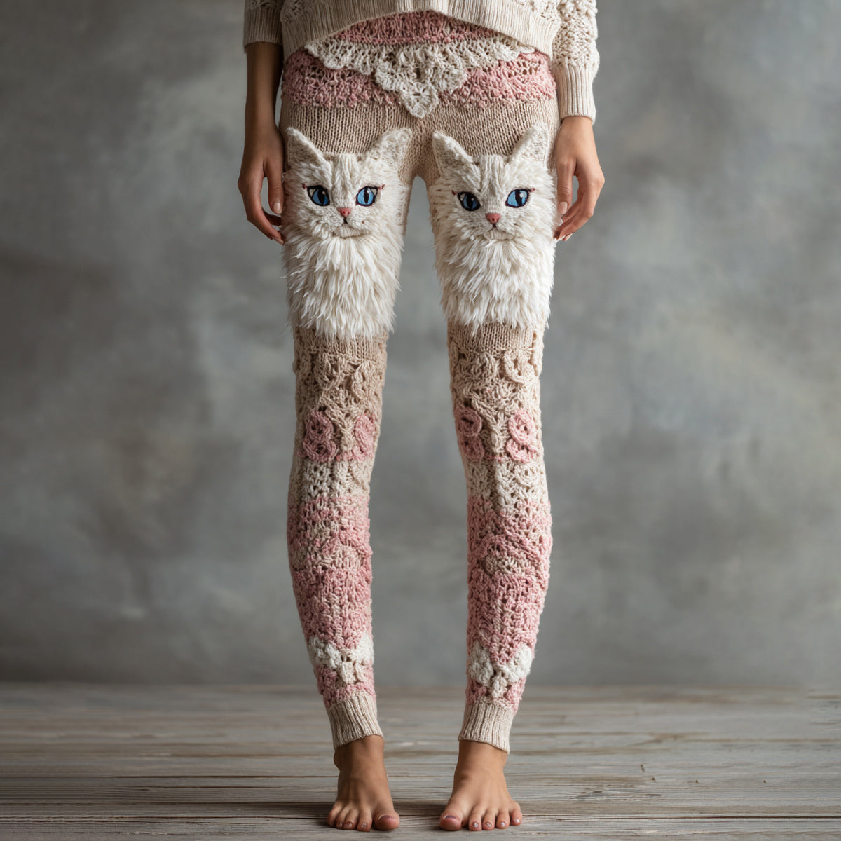 Women's Cute Cat Face Embroidered Cozy Leggings