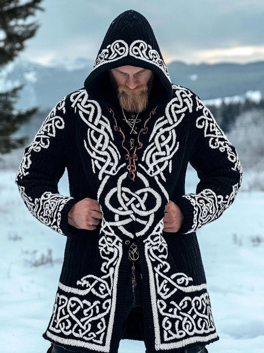 Men's Vintage Viking Style Jacquard Knit Hooded Cardigan artswardrobe