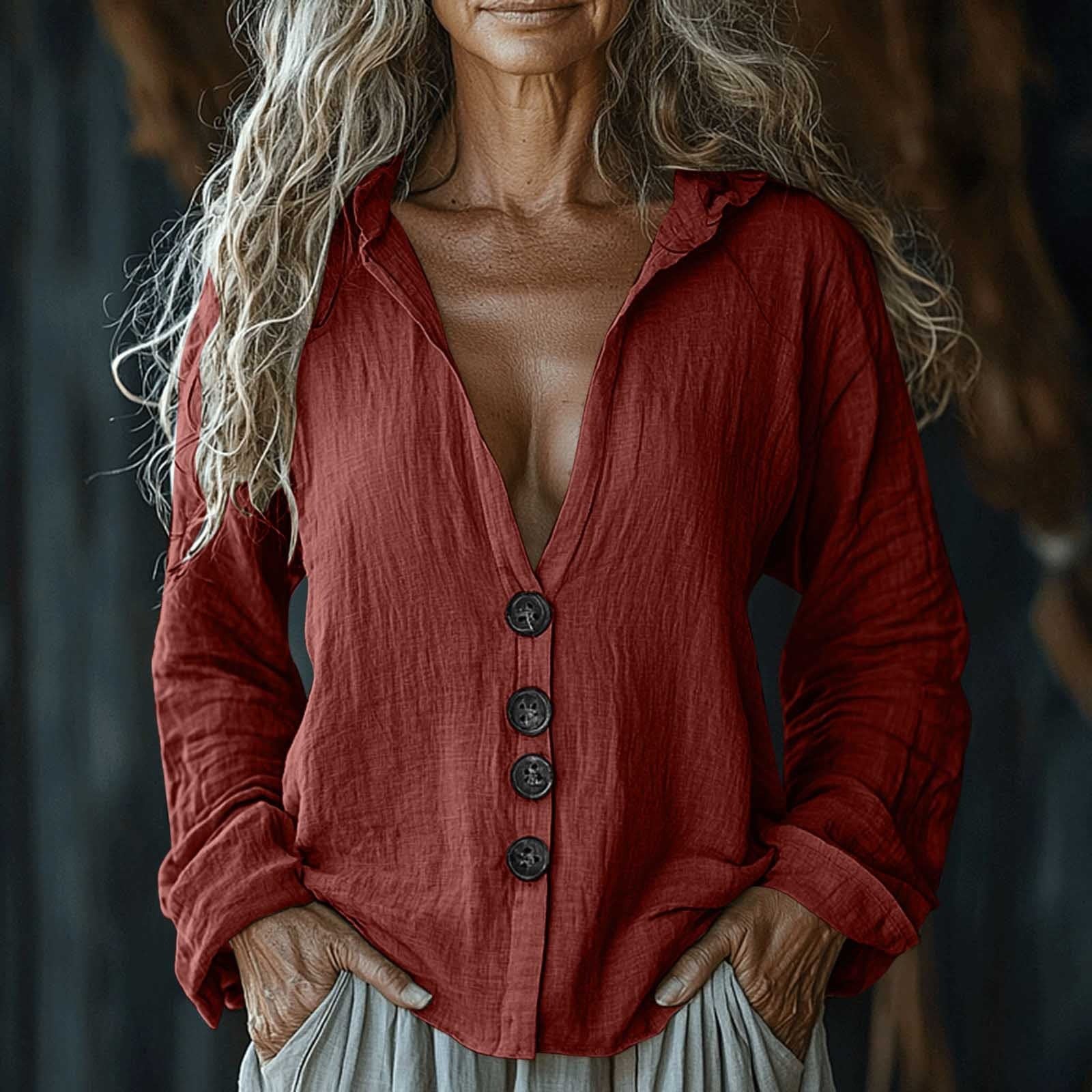Women's Vintage Solid Color V-neck Linen Shirt artswardrobe