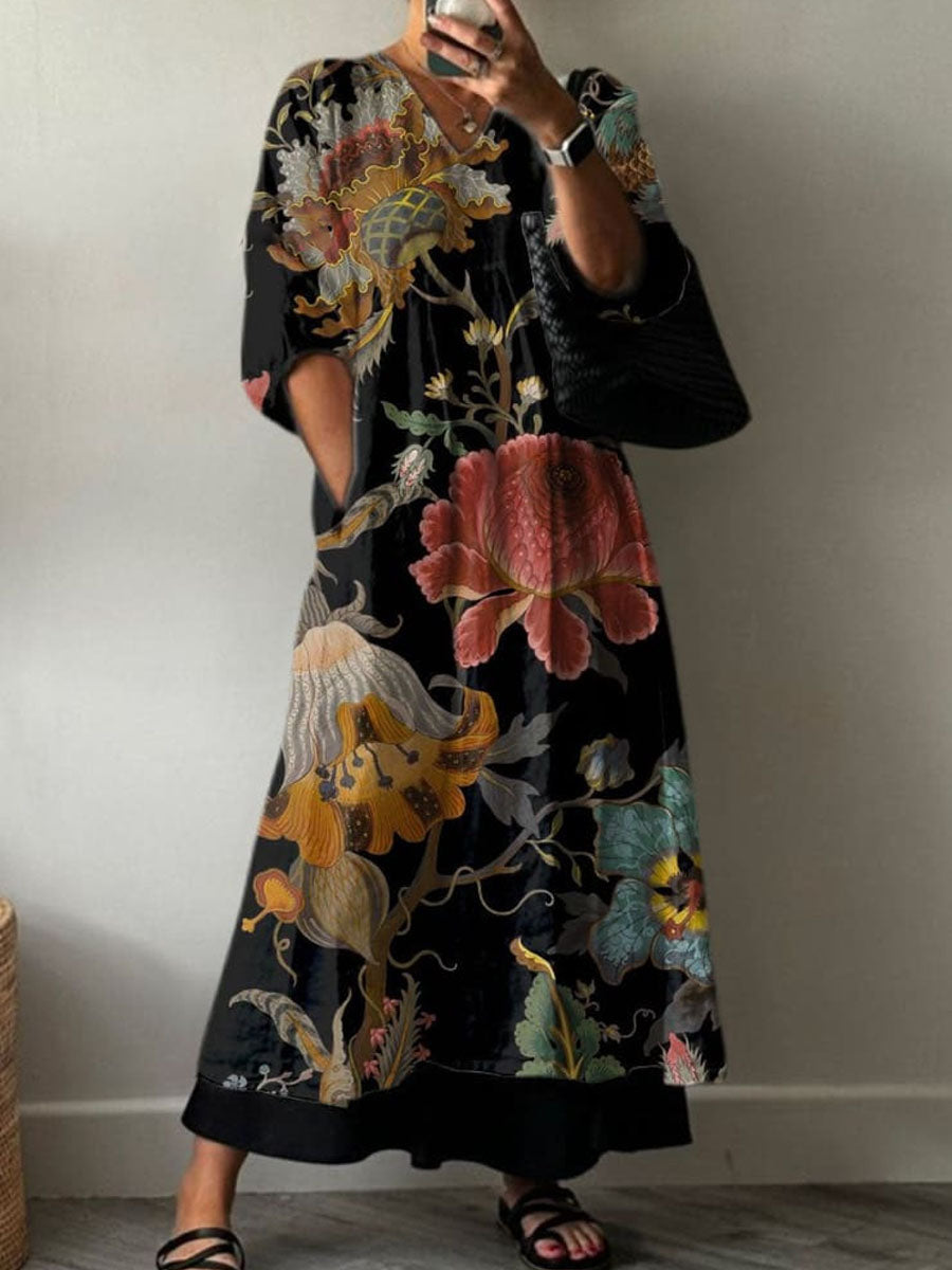 Women'S Vintage Rose Floral Pattern Cotton Dress