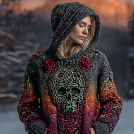 Vintage Red Roses Viking Celtic Skull Hooded Cozy Knit Sweater artswardrobe