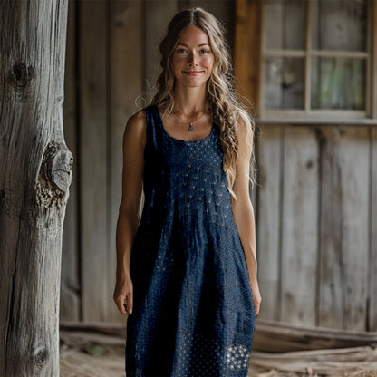 Comstylish Japanese Traditional Sashiko Art Linen Maxi Dress