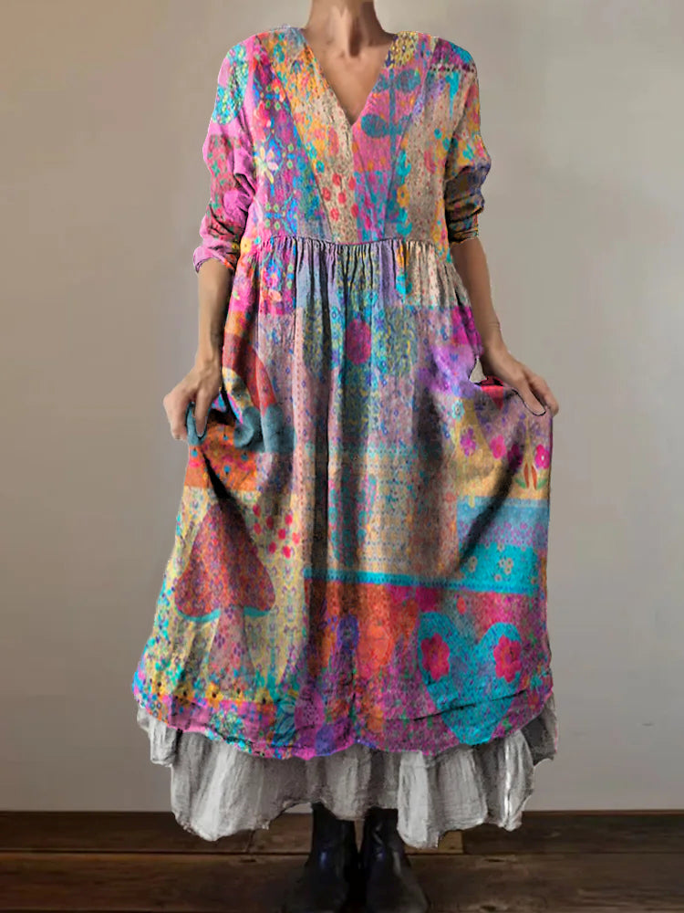 Women's Bohemian Floral Collage Art Pattern Print V-Neck Pocket Cotton