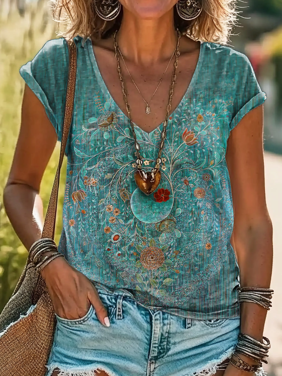 Vintage Floral Art Print 100%Cotton V-neck T-Shirt