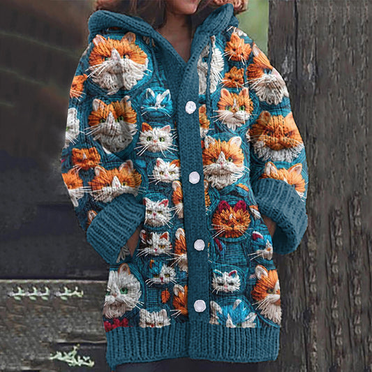 Comstylish Vintage Cute Cat Art Button Cozy Cardigan Sweater