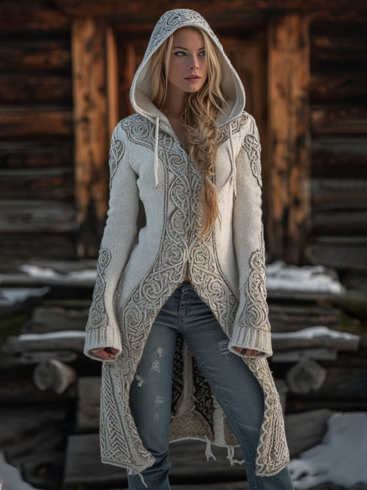 Viking Style Celtic Knot White Cardigan Hooded Sweater