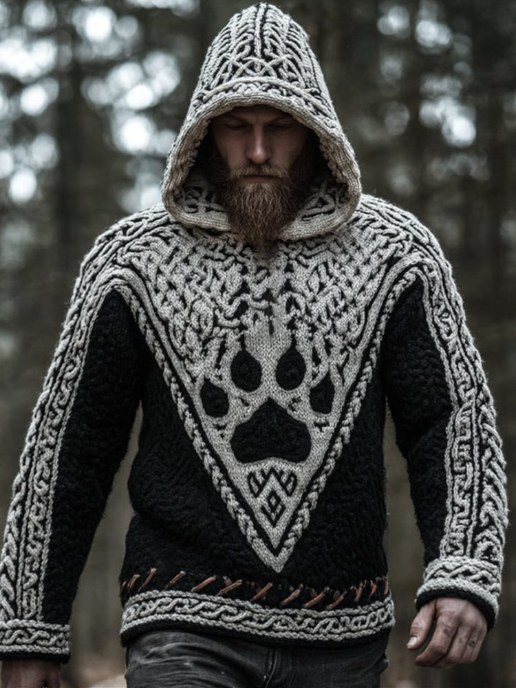 Men's Viking Style Celtic Knot Wolf Claw Contrasting Thick Needle Hooded Sweater artswardrobe
