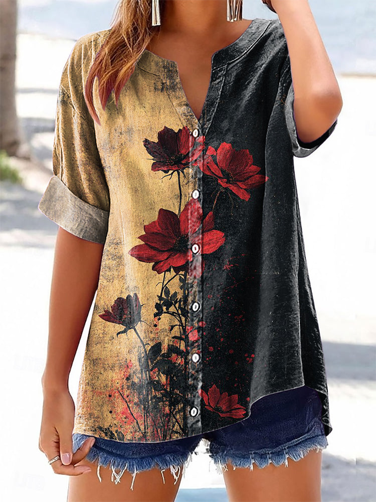 Women's Vintage Rose Floral Art Print Casual Cotton And Linen Shirt