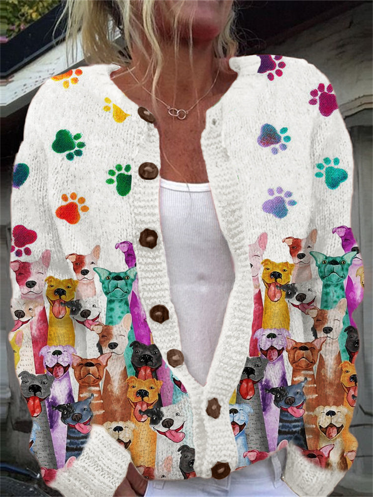 Comstylish Colorful Crowded Dogs & Paw Prints Cozy Knit Cardigan