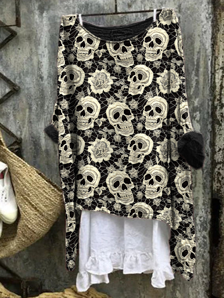 Comstylish Women's Halloween Skull Pattern Linen Blend Vintage Shirt