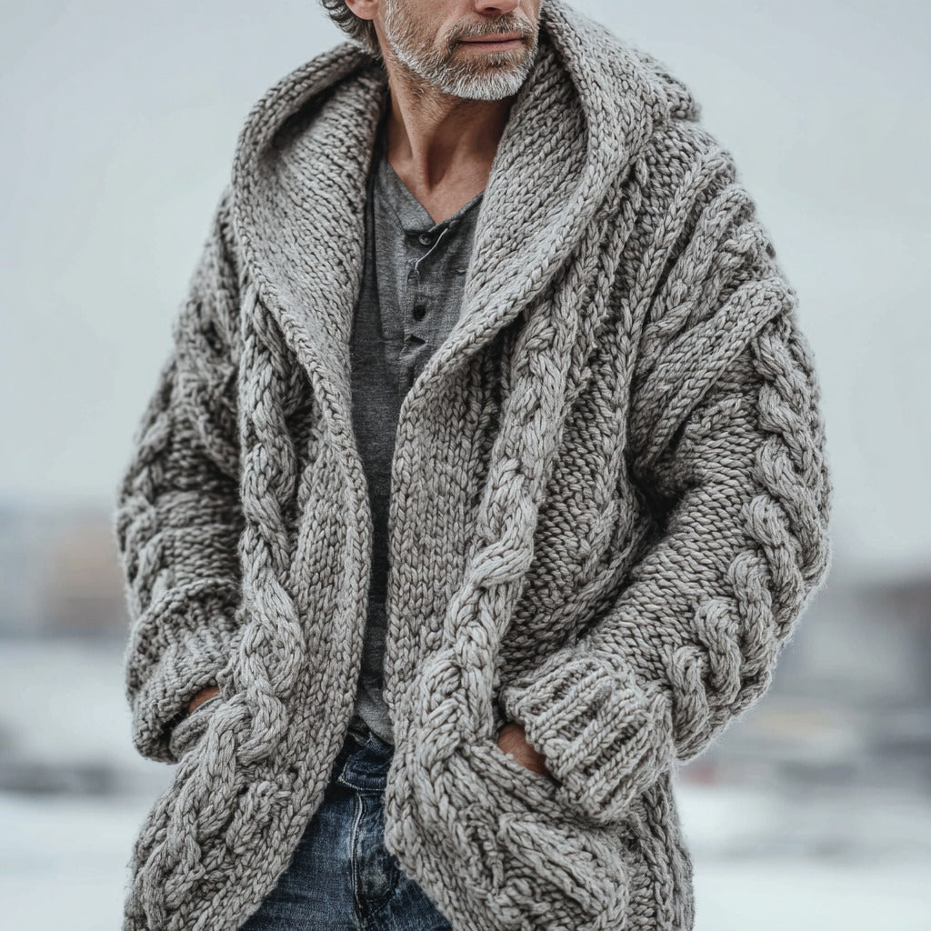 Men's Retro Solid Color Knitted Warm Long Hooded Sweater elevenforest