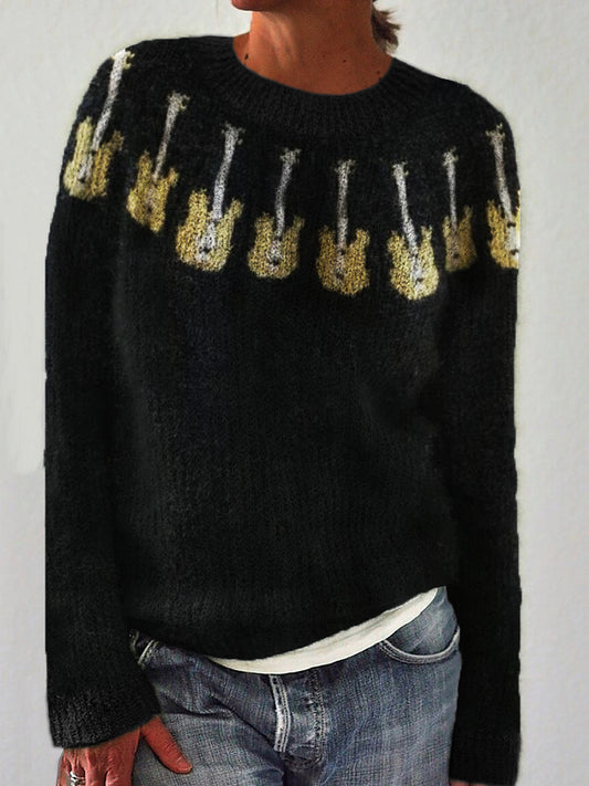 Music Lover Guitars Yoke Pattern Cozy Knit Sweater artswardrobe