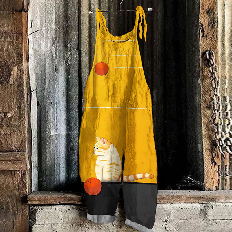Comstylish Abstract Creative Cute Sulking Cat Painting Art Print Loose Casual Jumpsuit