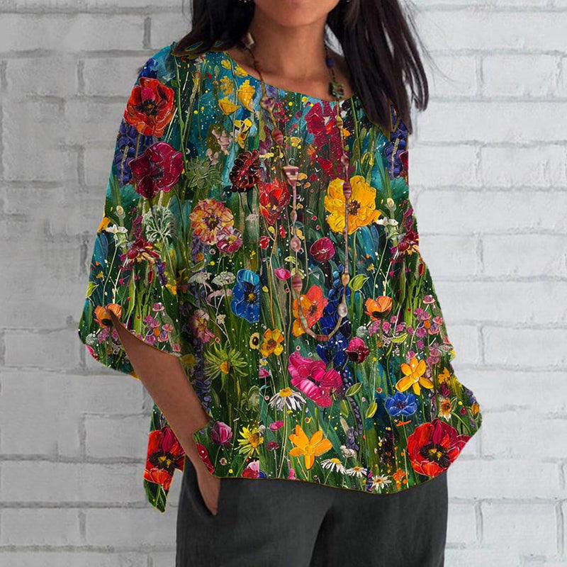 Vintage Colorful Floral Art Crew Neck Casual Shirt artswardrobe