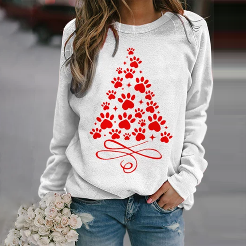 Comstylish Women's Shiny Dog Paw Christmas Tree Printed Sweatshirt