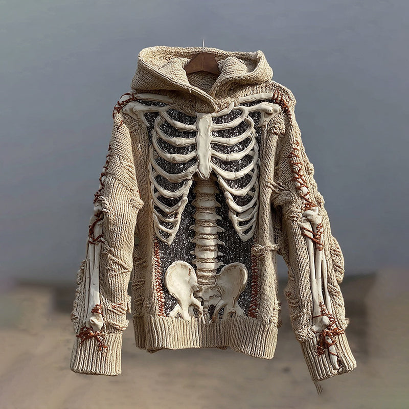 Men's Skull Line And Sequin Art Knit Hooded Sweater artswardrobe