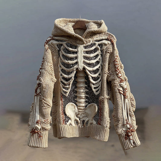 Men's Skull Line And Sequin Art Knit Hooded Sweater artswardrobe