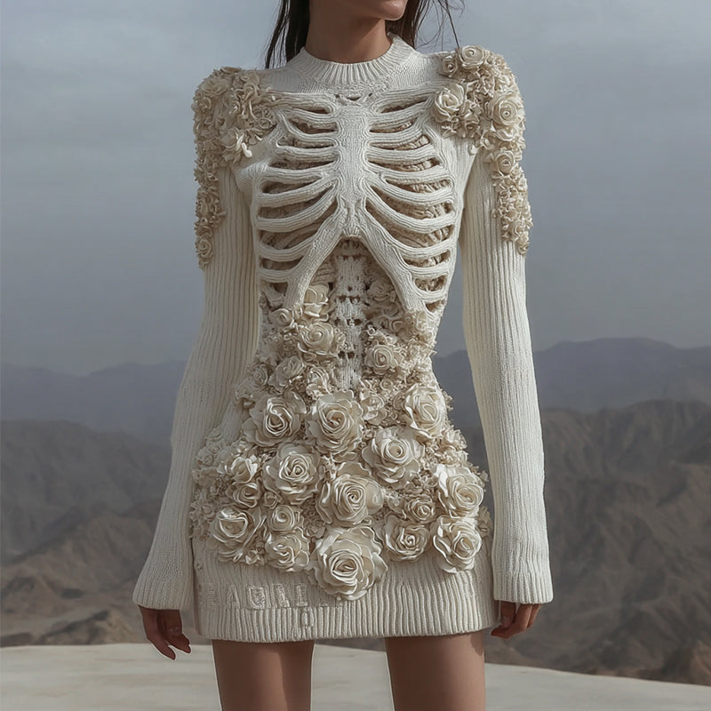 Women's White Rose Skull Crochet Cozy Knit Mini Sweater Dress artswardrobe
