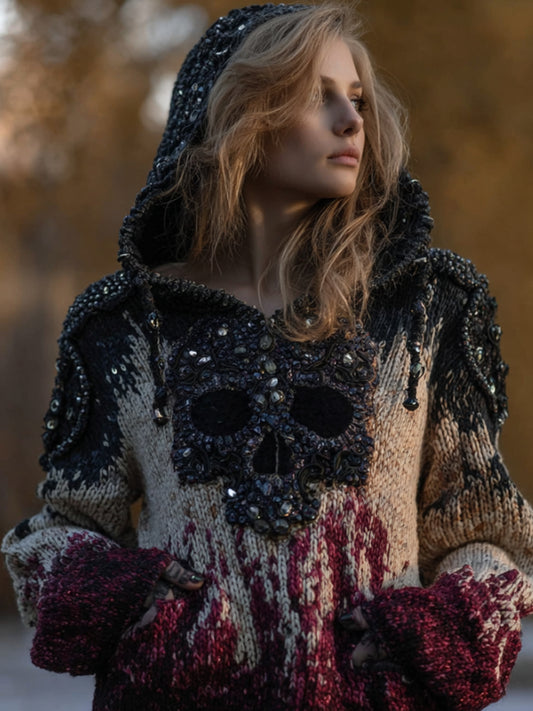 Women Vintage Skull Bead Thick Needle Made Old Hooded Sweater artswardrobe