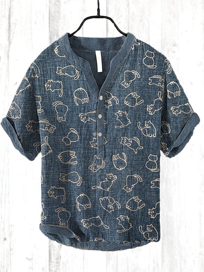 Vintage Japanese Cats Printed Casual Cozy Cotton Linen Shirt elevenforest