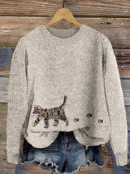 Cat & Paw Prints Embroidered Cozy Knit Sweater