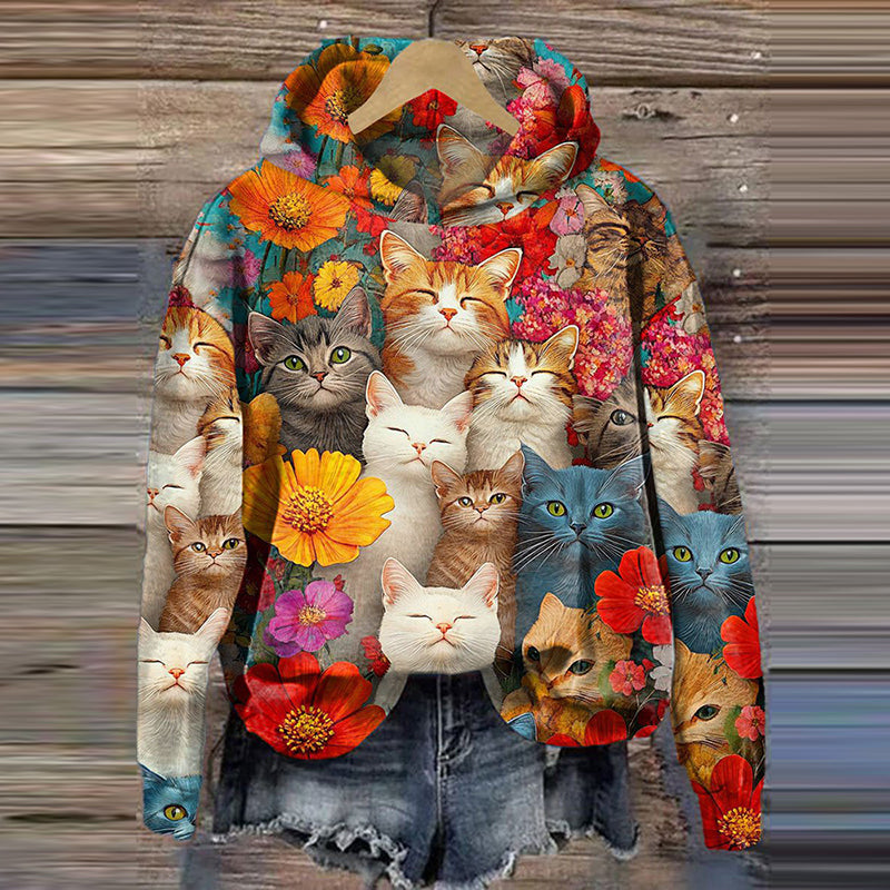 Comstylish Women Colorful Cats And Floral Art Print Casual Hoodie