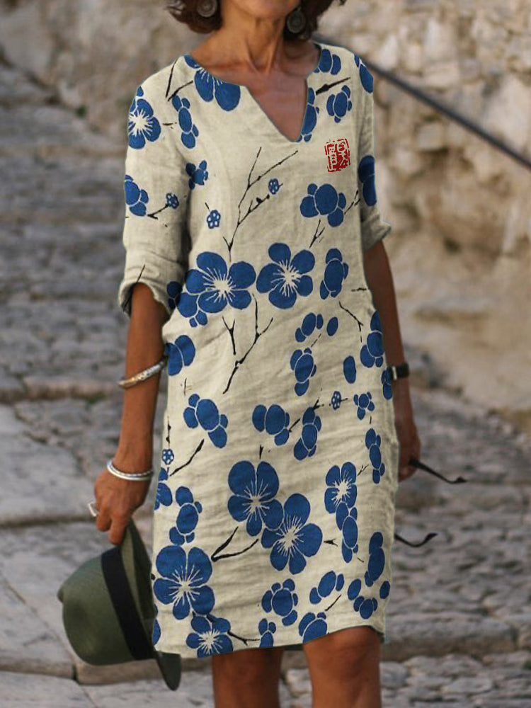 Cherry Blossom Japanese Lino Notch Neck Midi Dress