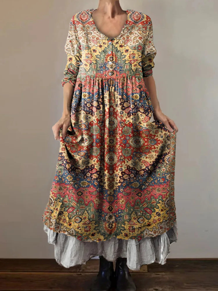 Women's Vintage Ethnic Art Patterns Print Button Pocket Cotton Dress