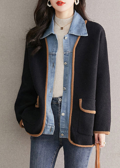 Cappotto in lana nero unico con colletto alla Peter Pan, patchwork di jeans, effetto due pezzi, autunno