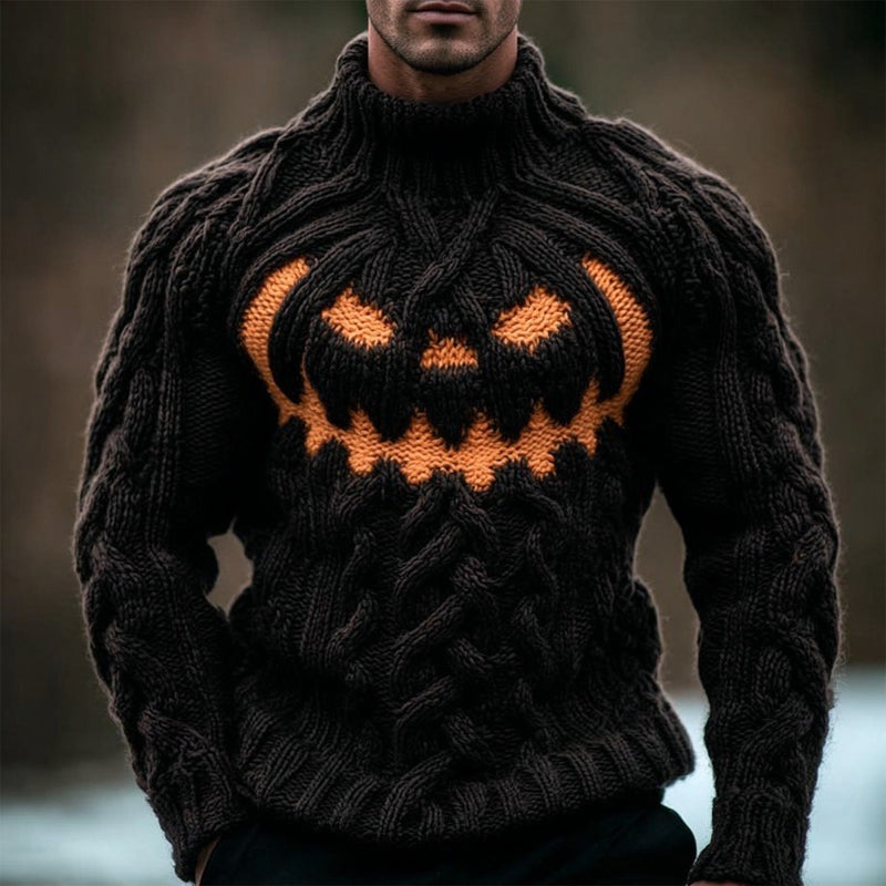 Men's Halloween Pumpkin Face Jacquard Turtleneck Sweater artswardrobe