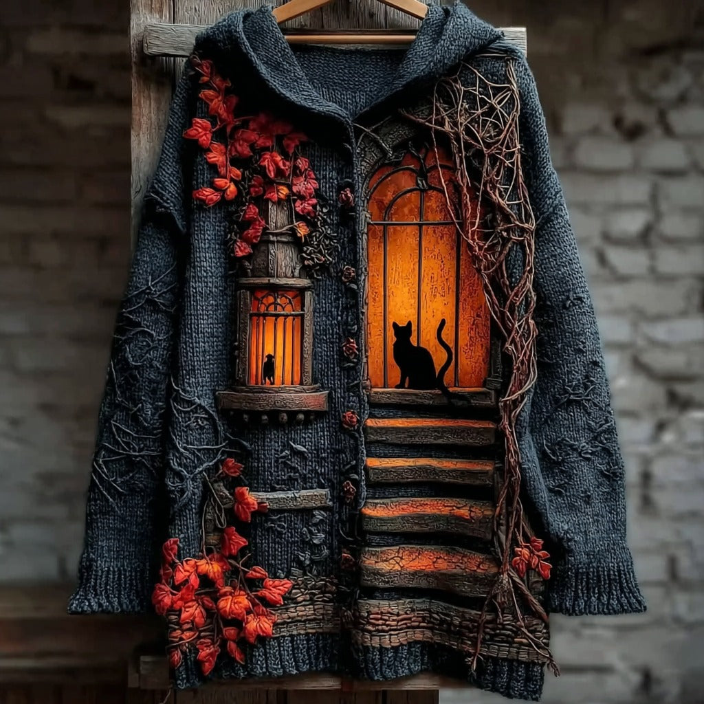 Women's Halloween Little House Cat Art Knitted Button Sweater Cardigan artswardrobe
