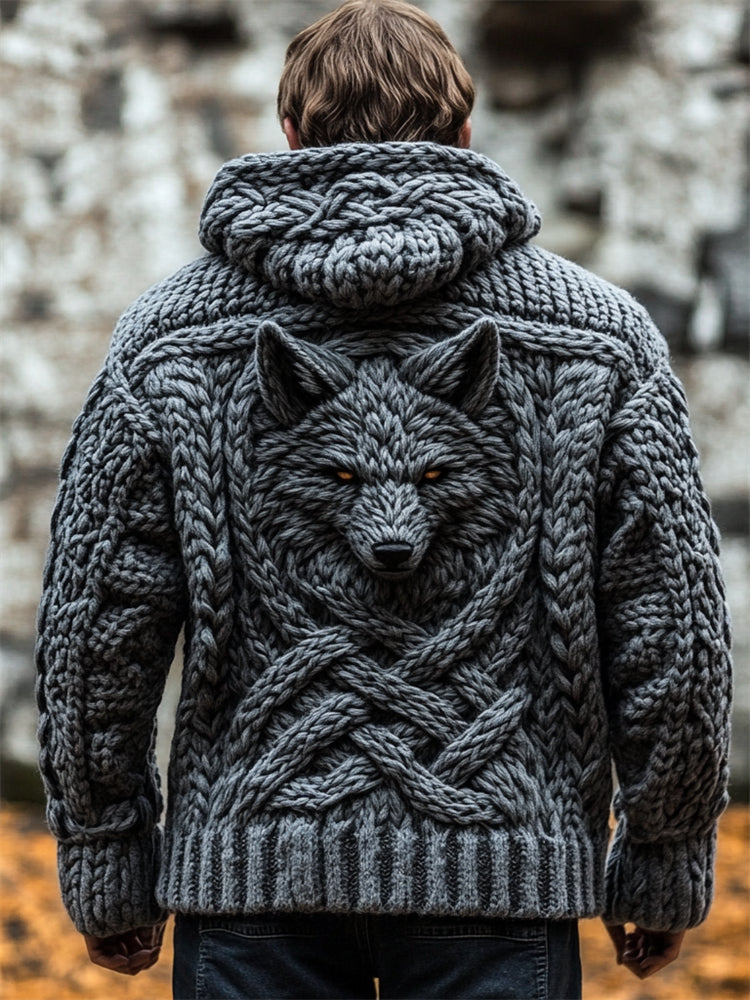 Men's Grey Wolf Viking Celtic Chunky Hooded Cardigan elevenforest