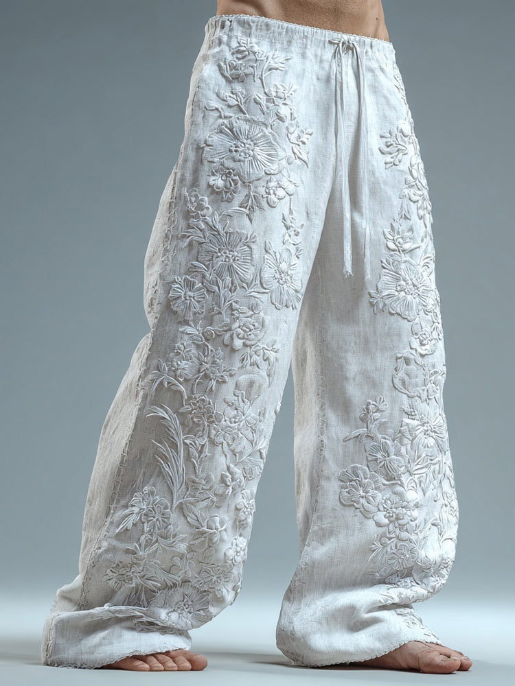 Men's Floral Lace Embroidered Comfy Linen Pants artswardrobe