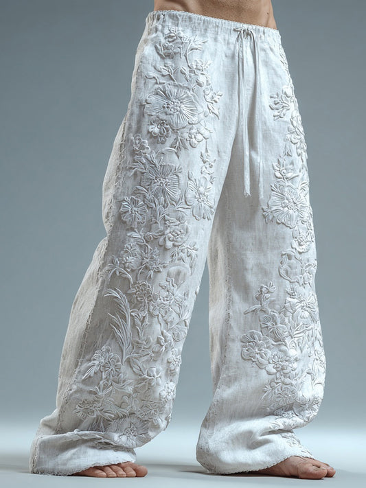 Men's Floral Lace Embroidered Comfy Linen Pants artswardrobe