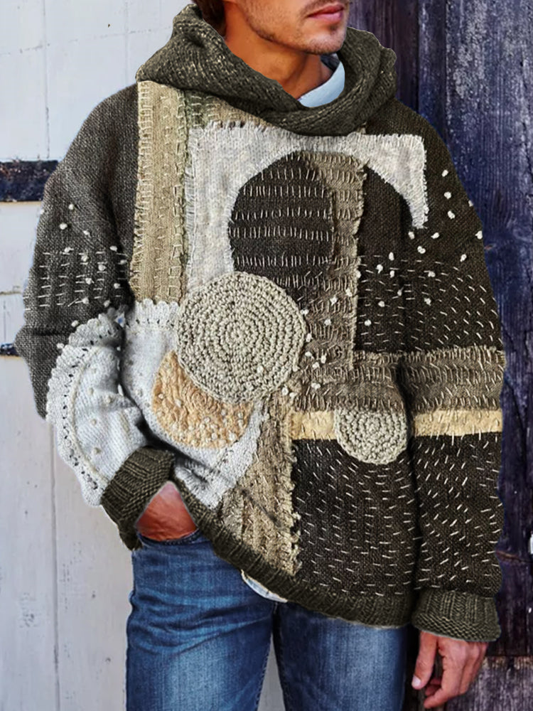 Men's Japanese Sashiko Fiber Art Cozy Hooded Sweater elevenforest