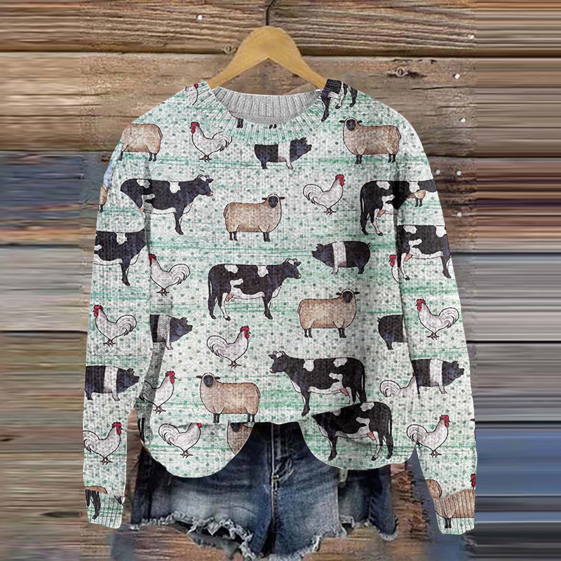 Women's Farm Animal Print Crew Neck Sweater artswardrobe