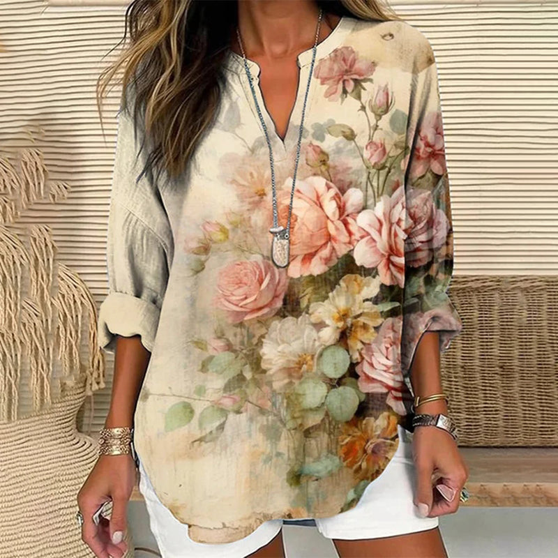 Women's Vintage Floral Art Linen Blend Shirt artswardrobe