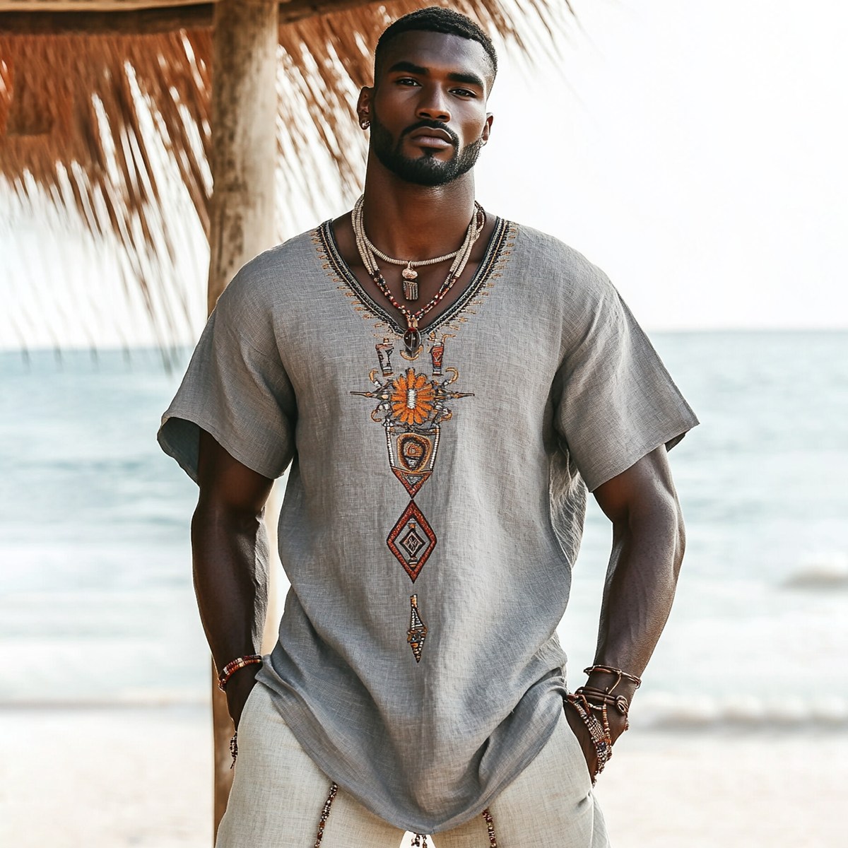 Bohemian Tribal Embroidery Print Art Painting Linen Casual T-shirt artswardrobe