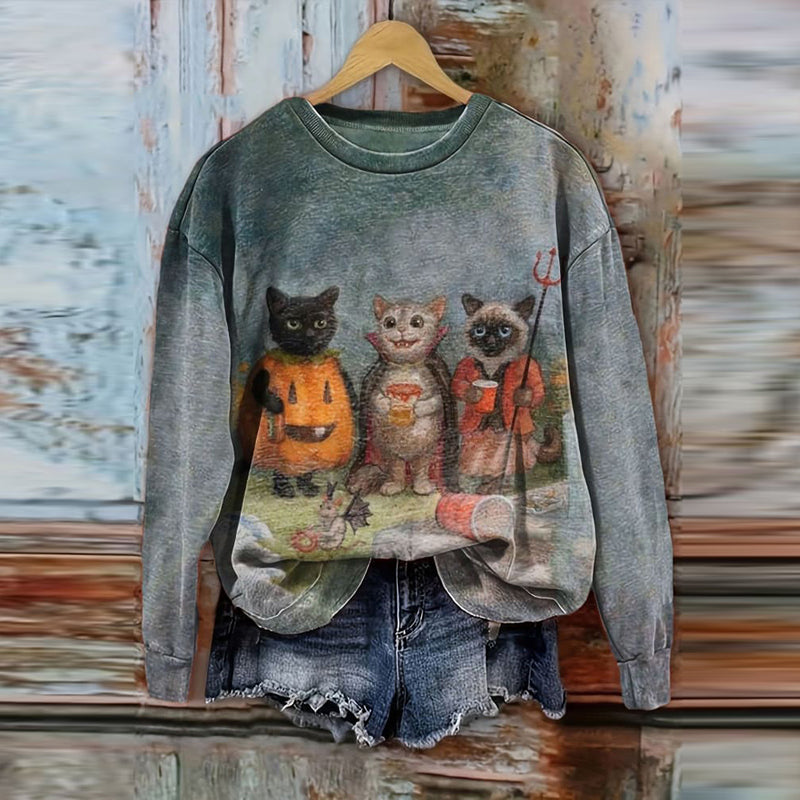 Halloween Cute Cat Print Casual Sweatshirt elevenforest