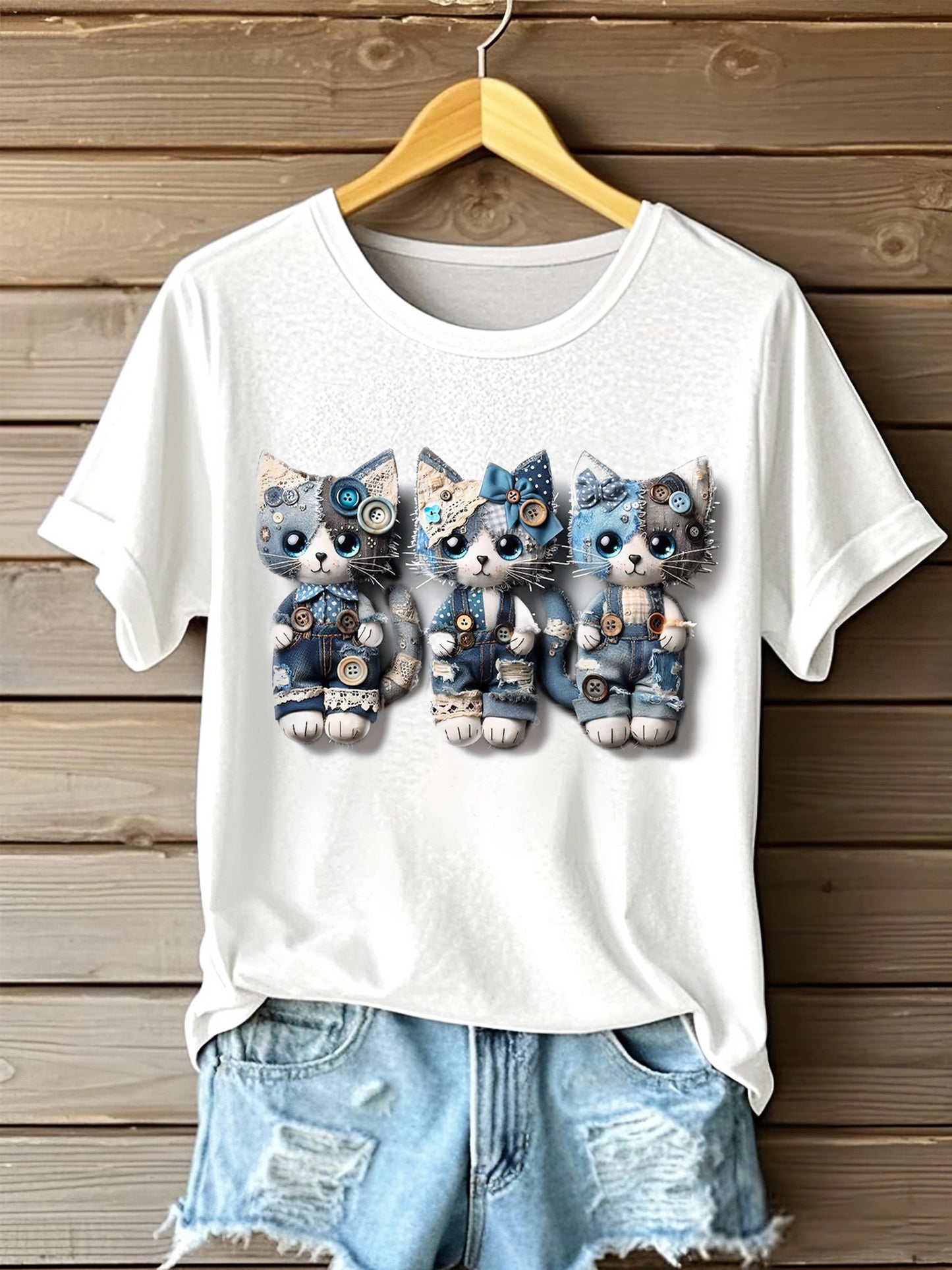 Women's Denim Lovely Cats Portrait Art Print Short Sleeve Casual T-shirt artswardrobe