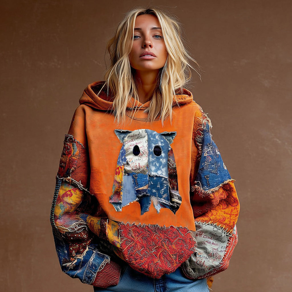 Comstylish Halloween Cute Spooky Cat Boho Floral Patchwork Cozy Hoodie