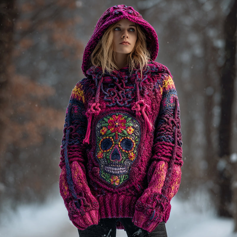 Women's Vintage Viking Tribal Celtic Skull Art Knit Hooded Sweater artswardrobe