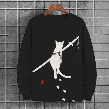Men's Colorblock Japanese Samurai Cat Printed Casual Sweatshirt elevenforest