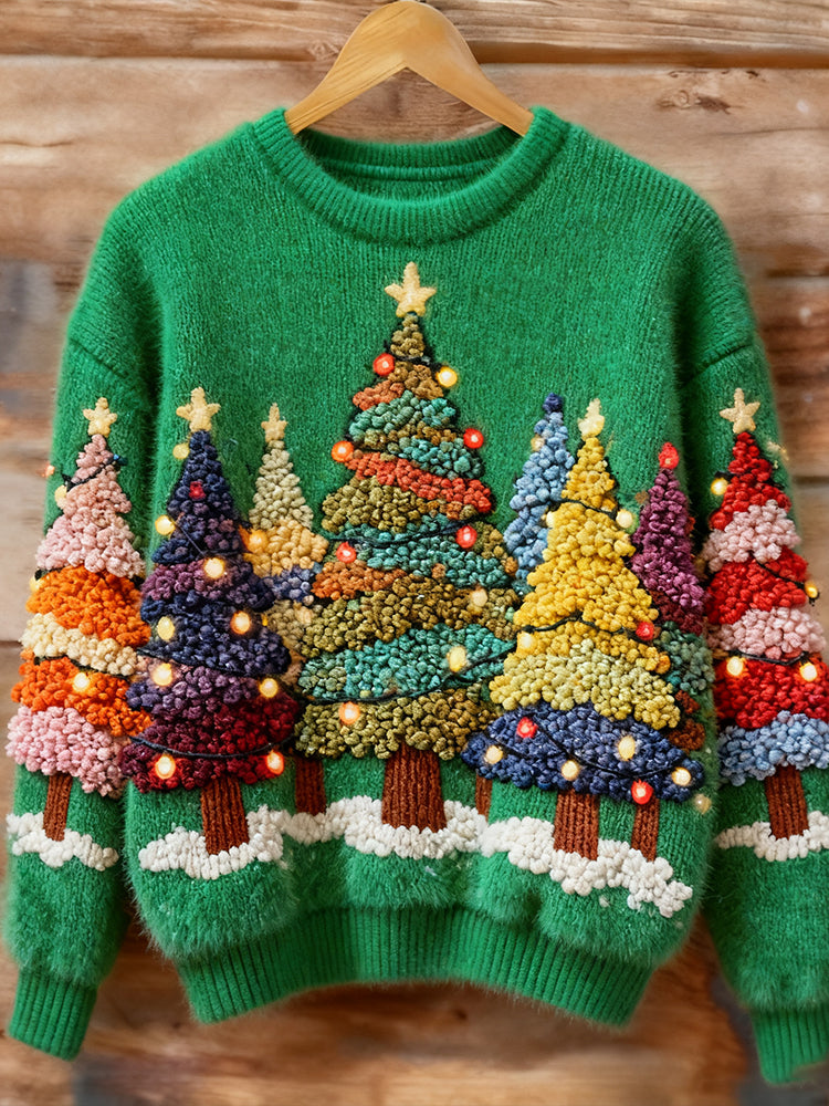 Vintage Colorful Christmas Tree Green Round Neck Sweater