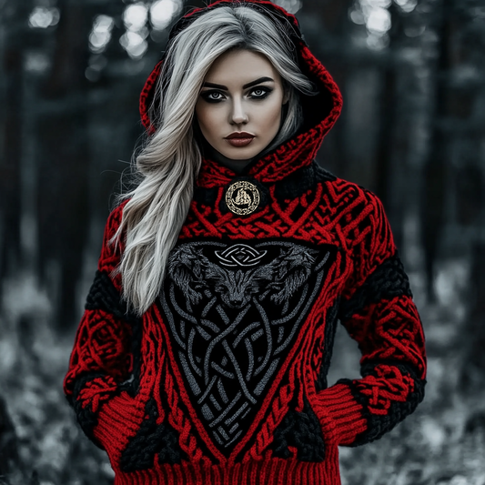 Vintage Viking Wolf Rune Chunky Knit Jacquard Hooded Sweater artswardrobe