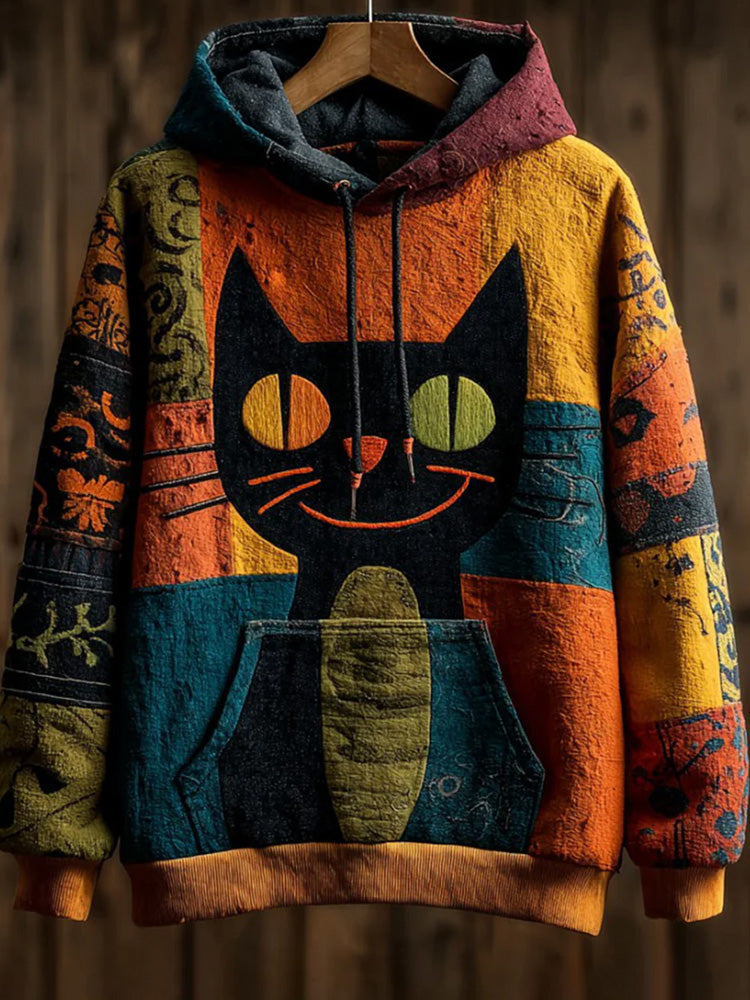 Vintage Halloween Patchwork Black Cat Print Art Casual Hoodie artswardrobe